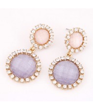 Korean Plain Color Fashion Czech Rhinestone Rimmed Round Flowers Earrings - Violet