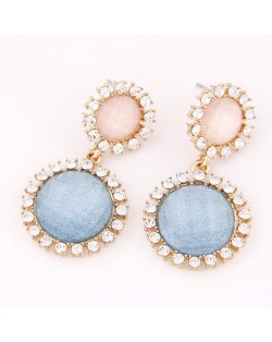 Korean Plain Color Fashion Czech Rhinestone Rimmed Round Flowers Earrings - Blue
