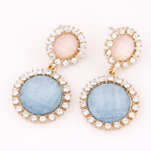 Korean Plain Color Fashion Czech Rhinestone Rimmed Round Flowers Earrings - Blue