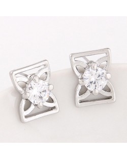 Korean Fashion Cubic Zirconia Inlaid Sweet Hollow Bowknot Earrings - Silver