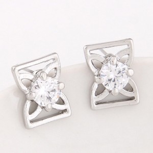 Korean Fashion Cubic Zirconia Inlaid Sweet Hollow Bowknot Earrings - Silver