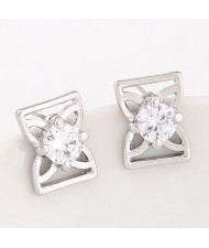 Korean Fashion Cubic Zirconia Inlaid Sweet Hollow Bowknot Earrings - Silver