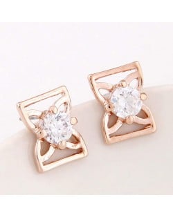 Korean Fashion Cubic Zirconia Inlaid Sweet Hollow Bowknot Earrings - Golden