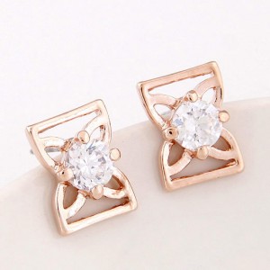 Korean Fashion Cubic Zirconia Inlaid Sweet Hollow Bowknot Earrings - Golden