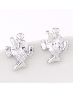 Korean Fashion Cubic Zirconia Cute Fish Design Ear Studs - Silver