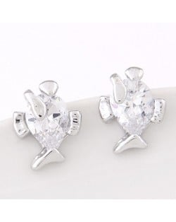 Korean Fashion Cubic Zirconia Cute Fish Design Ear Studs - Silver