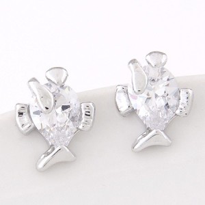 Korean Fashion Cubic Zirconia Cute Fish Design Ear Studs - Silver