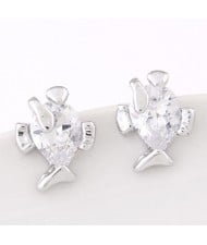 Korean Fashion Cubic Zirconia Cute Fish Design Ear Studs - Silver