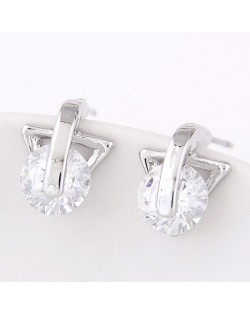 Round Cubic Zirconia Inlaid Triangle Shape Ear Studs - Silver
