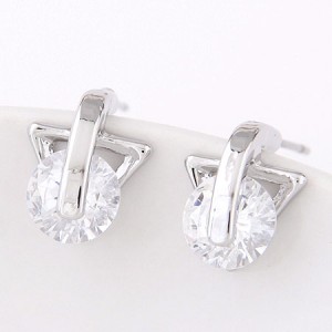 Round Cubic Zirconia Inlaid Triangle Shape Ear Studs - Silver