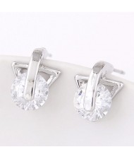 Round Cubic Zirconia Inlaid Triangle Shape Ear Studs - Silver