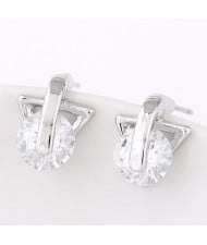 Round Cubic Zirconia Inlaid Triangle Shape Ear Studs - Silver