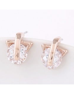 Round Cubic Zirconia Inlaid Triangle Shape Ear Studs - Golden