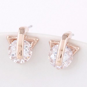 Round Cubic Zirconia Inlaid Triangle Shape Ear Studs - Golden