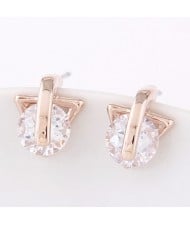 Round Cubic Zirconia Inlaid Triangle Shape Ear Studs - Golden