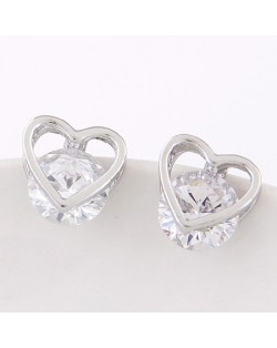 Cubic Zirconia Embedded Hollow Heart Shape Ear Studs - Silver