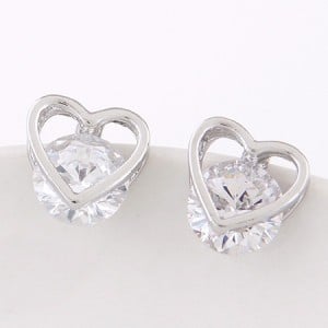 Cubic Zirconia Embedded Hollow Heart Shape Ear Studs - Silver
