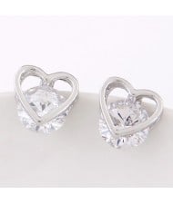 Cubic Zirconia Embedded Hollow Heart Shape Ear Studs - Silver