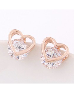 Cubic Zirconia Embedded Hollow Heart Shape Ear Studs - Golden