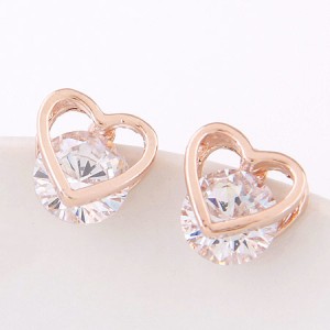 Cubic Zirconia Embedded Hollow Heart Shape Ear Studs - Golden