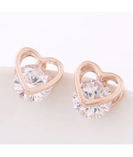 Cubic Zirconia Embedded Hollow Heart Shape Ear Studs - Golden