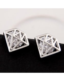 Cubic Zirconia Hollow Diamond Ear Studs - Silver