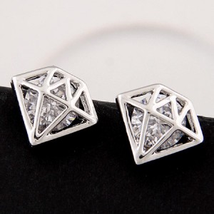 Cubic Zirconia Hollow Diamond Ear Studs - Silver