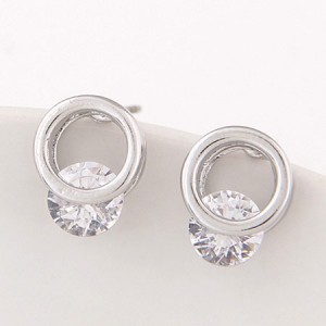 Cute Round Cubic Zirconia Inlaid Ring Fashion Earrings - Silver