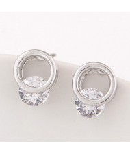 Cute Round Cubic Zirconia Inlaid Ring Fashion Earrings - Silver