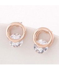 Cute Round Cubic Zirconia Inlaid Ring Fashion Earrings - Golden