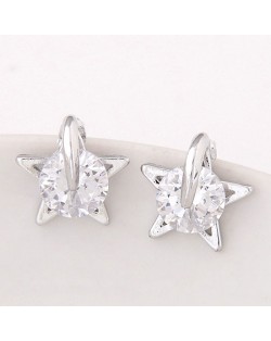 Round Cubic Zirconia Inlaid Lucky Star Fashion Ear Studs - Silver