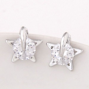 Round Cubic Zirconia Inlaid Lucky Star Fashion Ear Studs - Silver