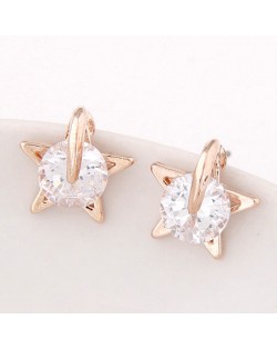 Round Cubic Zirconia Inlaid Lucky Star Fashion Ear Studs - Golden