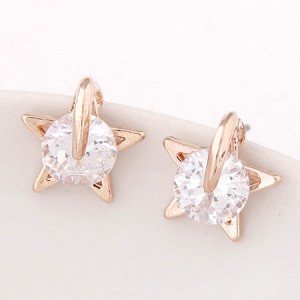 Round Cubic Zirconia Inlaid Lucky Star Fashion Ear Studs - Golden