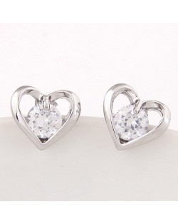 Cubic Zirconia Embedded Sweet Tiny Heart Ear Studs - Silver