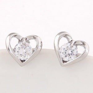 Cubic Zirconia Embedded Sweet Tiny Heart Ear Studs - Silver