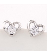 Cubic Zirconia Embedded Sweet Tiny Heart Ear Studs - Silver