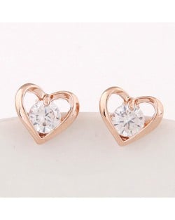 Cubic Zirconia Embedded Sweet Tiny Heart Ear Studs - Golden