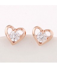 Cubic Zirconia Embedded Sweet Tiny Heart Ear Studs - Golden