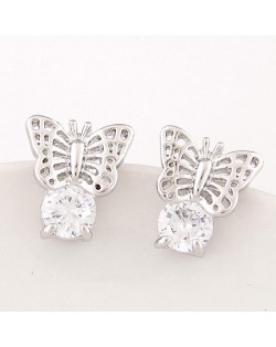 Korean Fashion Cubic Zirconia Embellished Hollow Flying Butterfly Ear Studs - Silver
