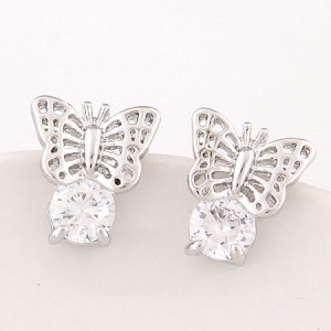 Korean Fashion Cubic Zirconia Embellished Hollow Flying Butterfly Ear Studs - Silver