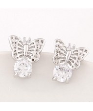 Korean Fashion Cubic Zirconia Embellished Hollow Flying Butterfly Ear Studs - Silver