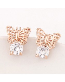 Korean Fashion Cubic Zirconia Embellished Hollow Flying Butterfly Ear Studs - Golden