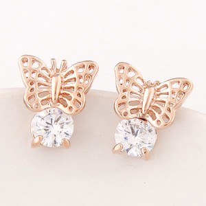 Korean Fashion Cubic Zirconia Embellished Hollow Flying Butterfly Ear Studs - Golden