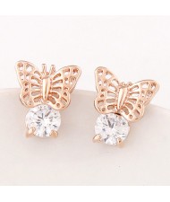 Korean Fashion Cubic Zirconia Embellished Hollow Flying Butterfly Ear Studs - Golden