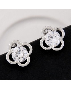 Cubic Zirconia Inlaid Clover Design Ear Studs - Silver