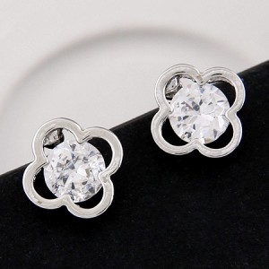 Cubic Zirconia Inlaid Clover Design Ear Studs - Silver