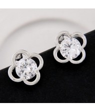 Cubic Zirconia Inlaid Clover Design Ear Studs - Silver