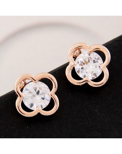Cubic Zirconia Inlaid Clover Design Ear Studs - Golden