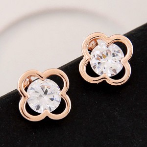 Cubic Zirconia Inlaid Clover Design Ear Studs - Golden